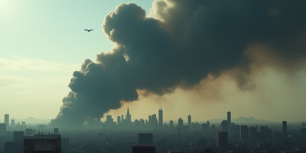 a large black cloud of smoke billowing from a building in a city with buildings in the background an