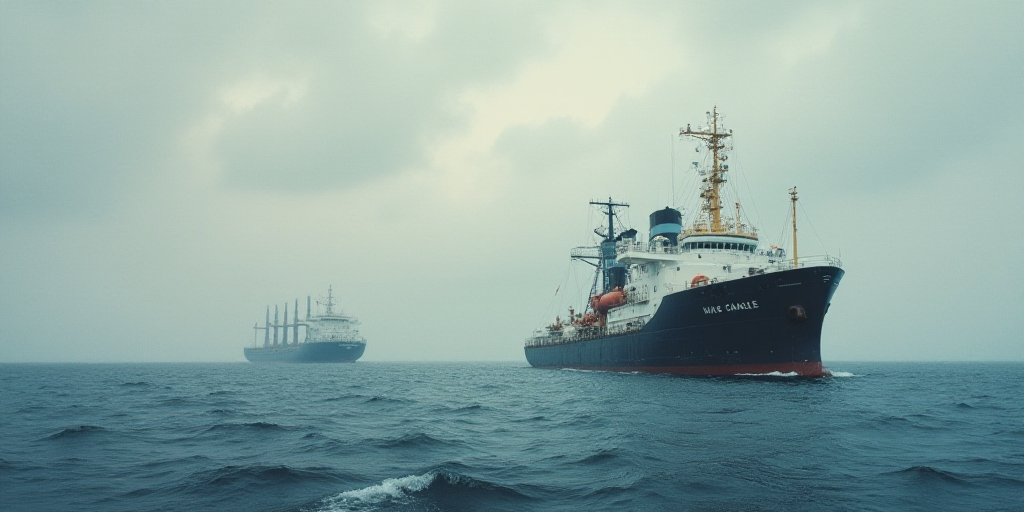 a large boat floating on top of a body of water next to a large ship in the ocean on a cloudy day, C