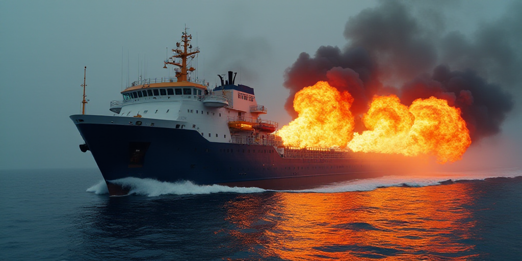 a large boat with a large flame coming out of it's side of it's hulls, Carl Eugen Keel, 100mm, a sto