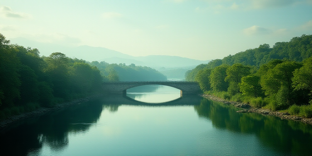 a large body of water surrounded by lush green trees and a bridge over it with a sky line above, Chr