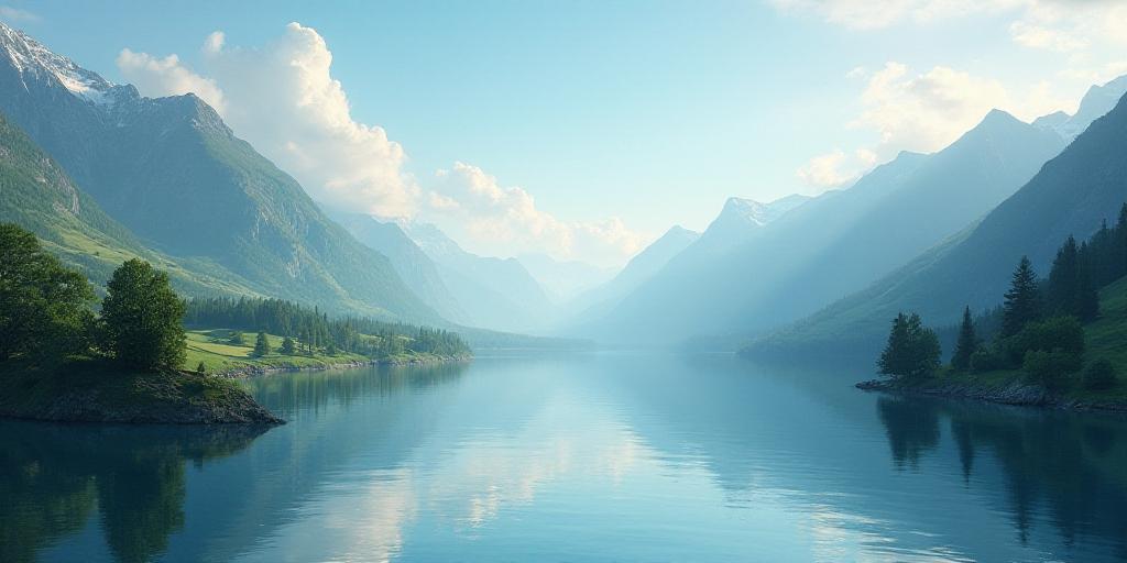 a large body of water surrounded by mountains and trees on a sunny day in the middle of the day, Chr