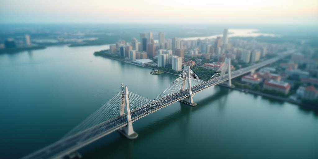 a large body of water with a city in the background and a large body of water with a bridge in the f