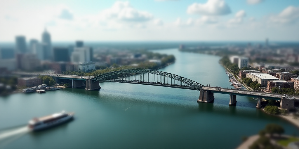 a large bridge over a city with lots of buildings and a boat in the water below it and a bridge in t