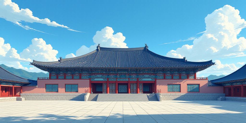 a large building with a blue roof and a red and white building with a blue roof and a red and white