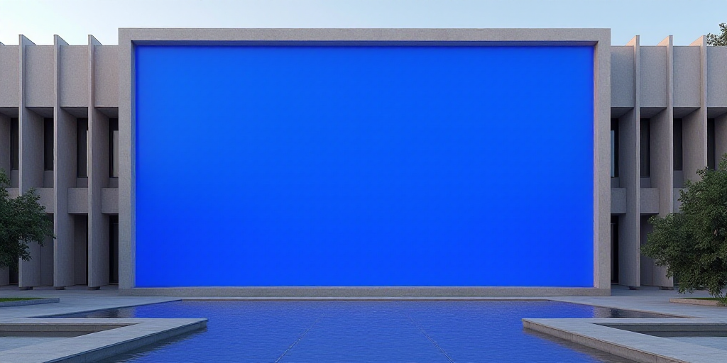 a large building with a blue screen in front of it and a blue screen in front of it that says the de
