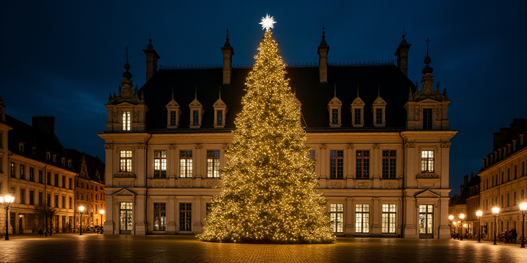 a large building with a christmas tree in front of it at night time with a lit up tree in front of i