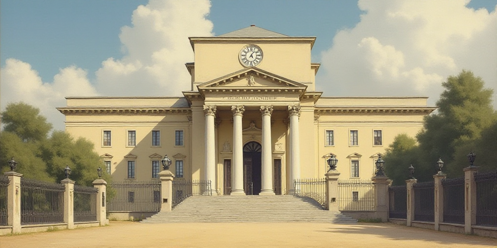 a large building with a clock on the front of it's face and a fence around it's perimeter, Enguerran