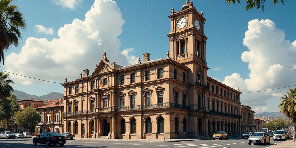 a large building with a clock tower on top of it's side in a city street with traffic, Enguerrand Qu