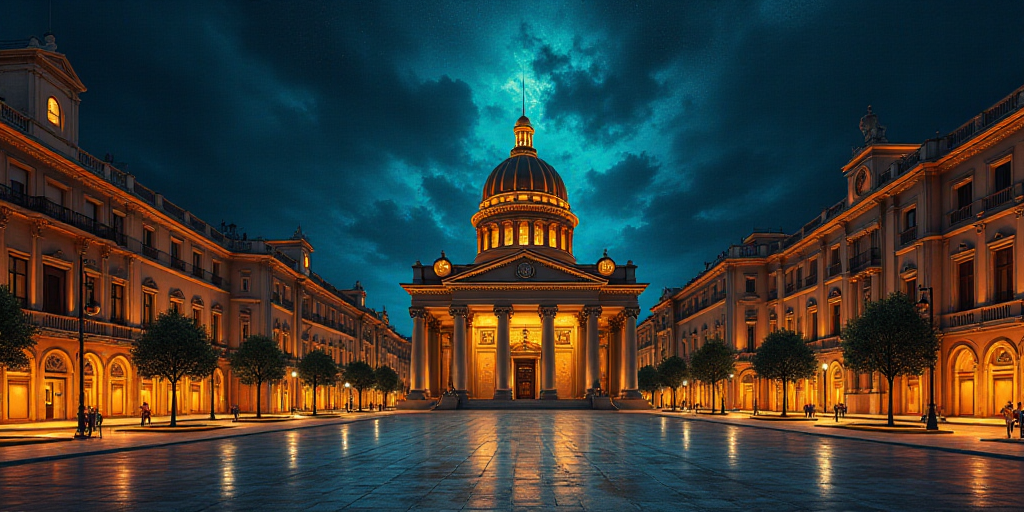 a large building with a dome in the middle of a city square at night time with lights on the buildin