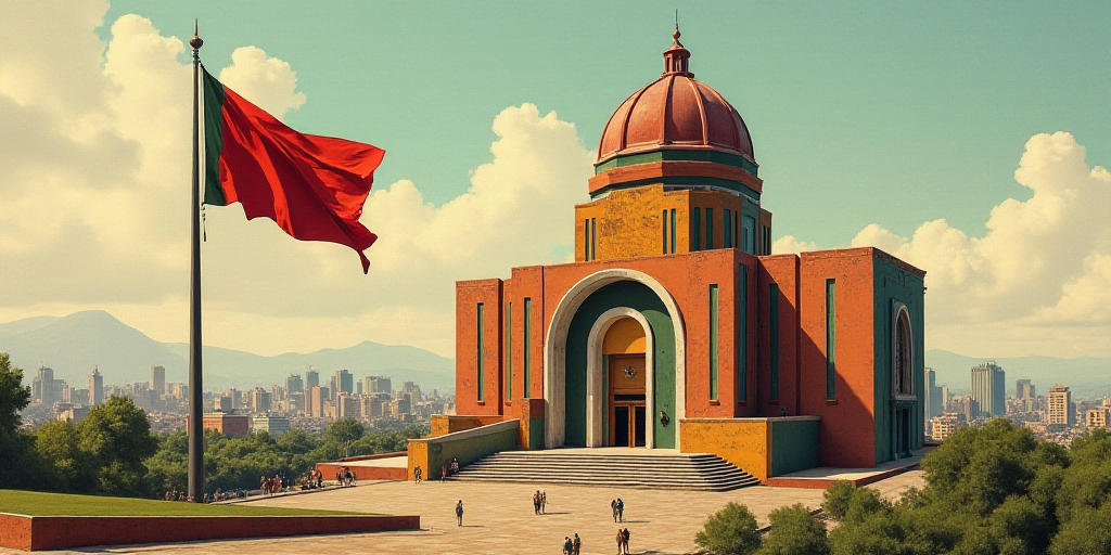 a large building with a flag flying in front of it and a flag pole in front of it with a mexican fla