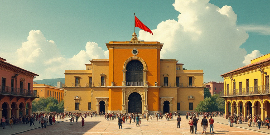 a large building with a flag flying in front of it and a crowd of people in the plaza below, David A