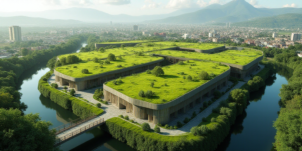 a large building with a green roof and a lot of grass on top of it and a river running through it, C