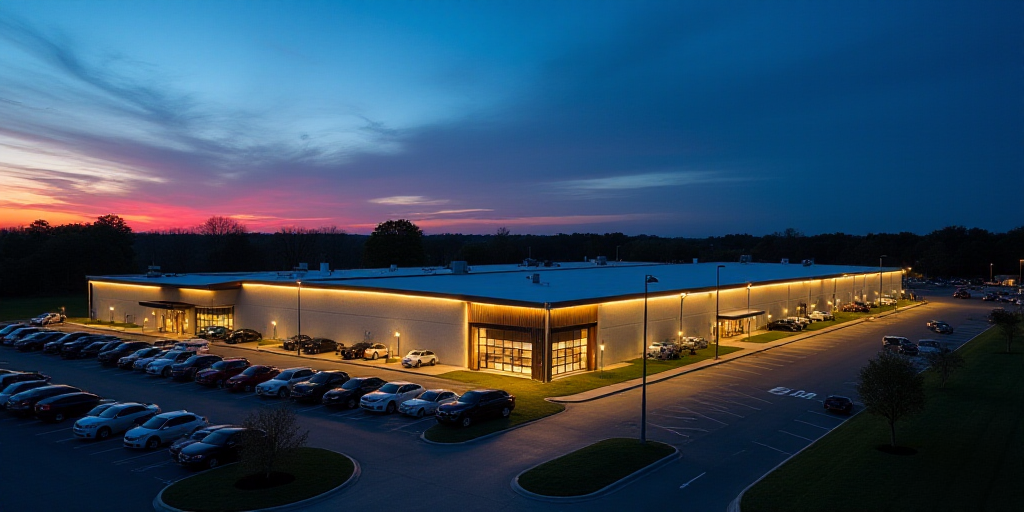 a large building with a lot of cars parked outside of it at night time with a sky background and a f