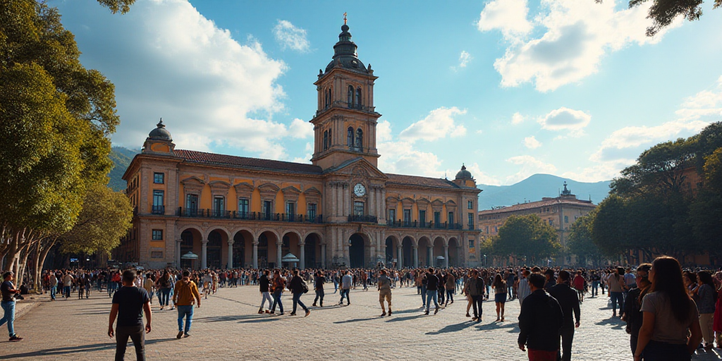 a large building with a tower and a clock tower in the background with people walking around it and