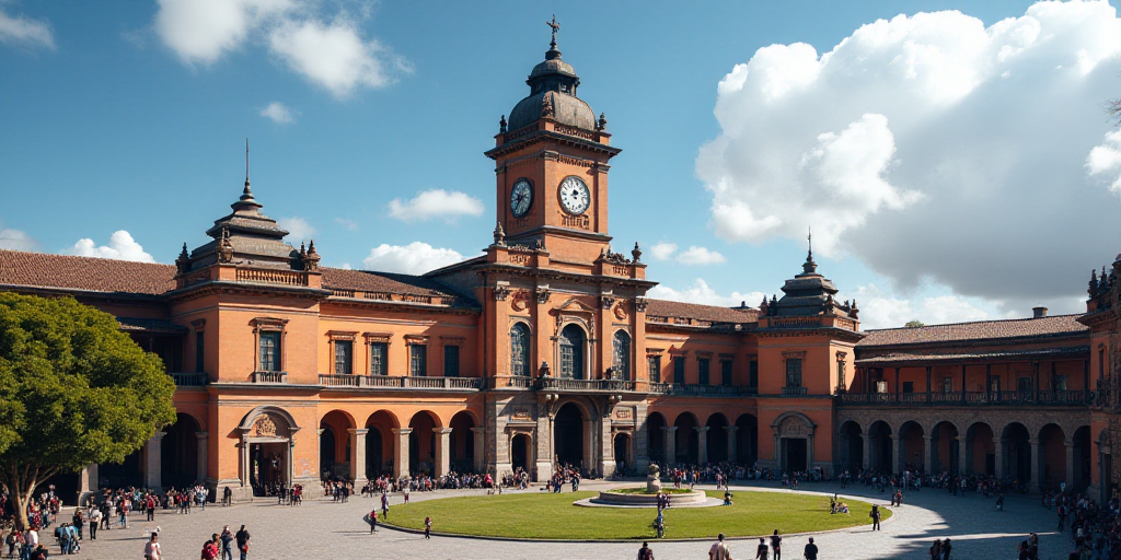 a large building with a tower and a clock tower in the background with people walking around it and