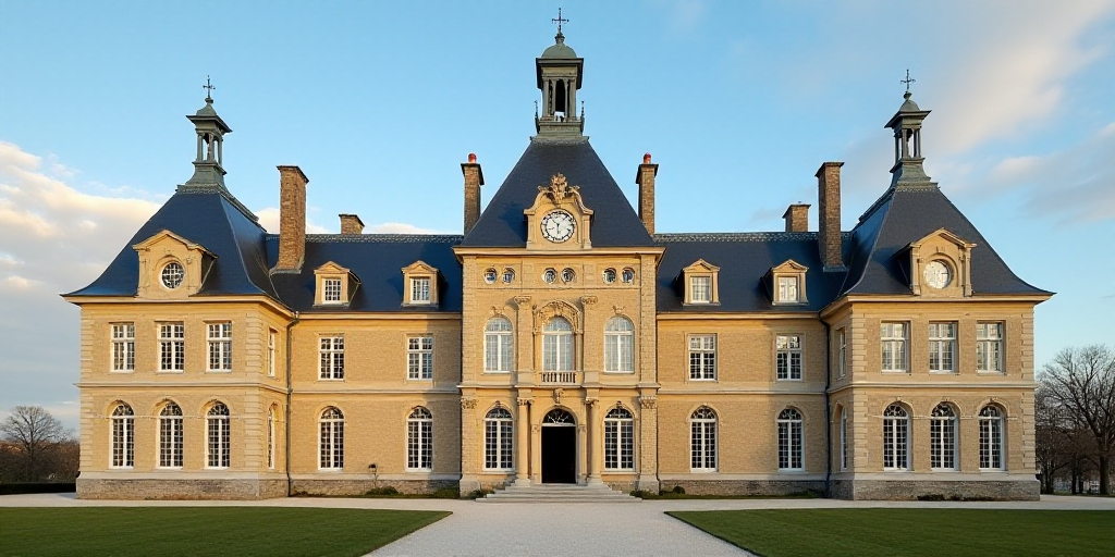 a large building with many windows and a clock on the top of it's face and a sky background, Enguerr