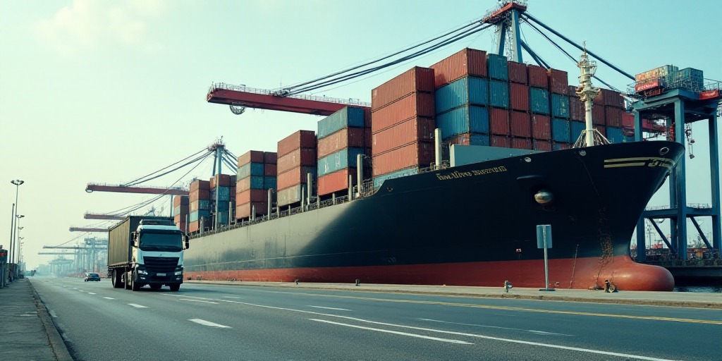 a large cargo ship loaded with containers at a port area with a crane in the background and a truck