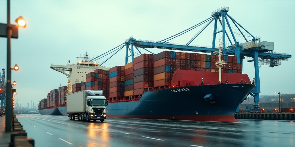 a large cargo ship loaded with containers at a port area with a crane in the background and a truck