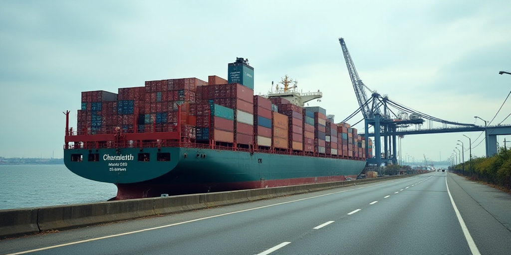 a large cargo ship loaded with containers on the side of the road in front of a crane and a bridge,