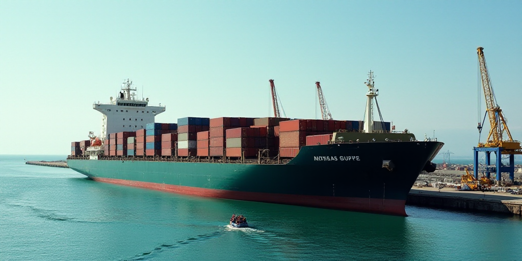 a large cargo ship loaded with containers at a dock in the ocean near a dock with a crane and a boat