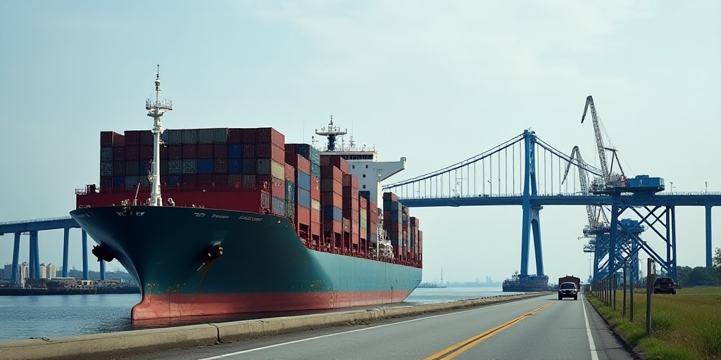 a large cargo ship loaded with containers on the side of the road in front of a crane and a bridge,
