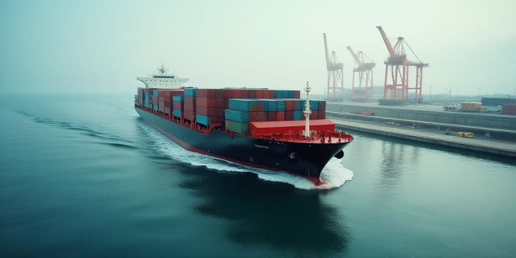 a large cargo ship with containers stacked on top of it's sides in the ocean near a dock, Andries St