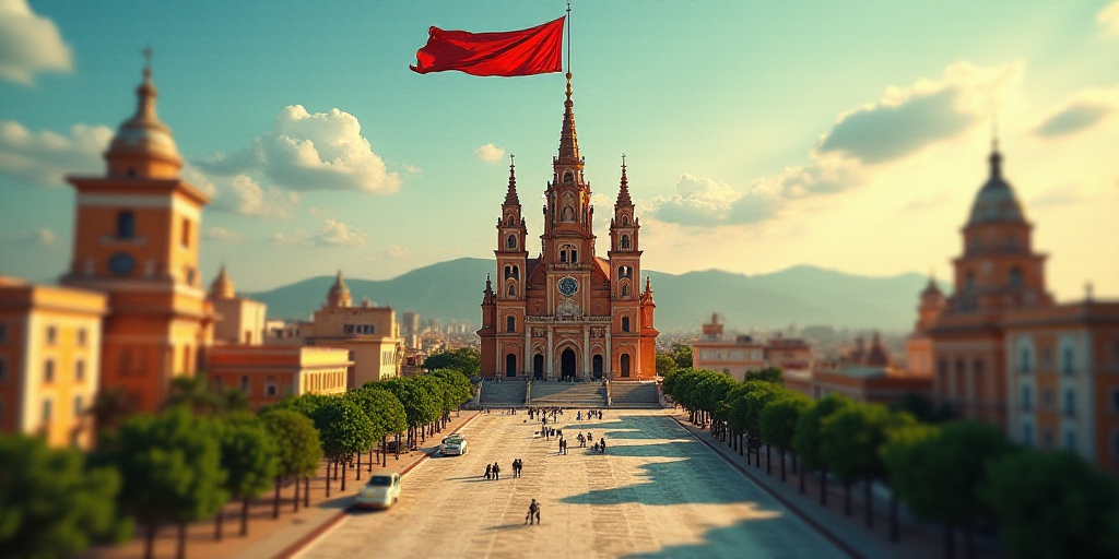 a large cathedral with a flag flying in the background of a cityscape with buildings and a large fla