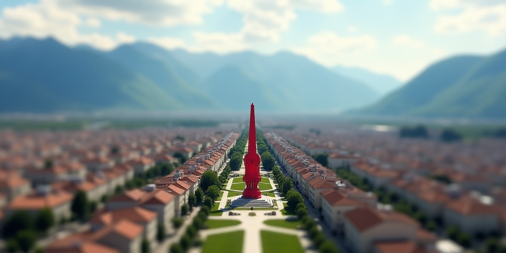 a large city with a red statue in the middle of it's middle - town area, with mountains in the backg