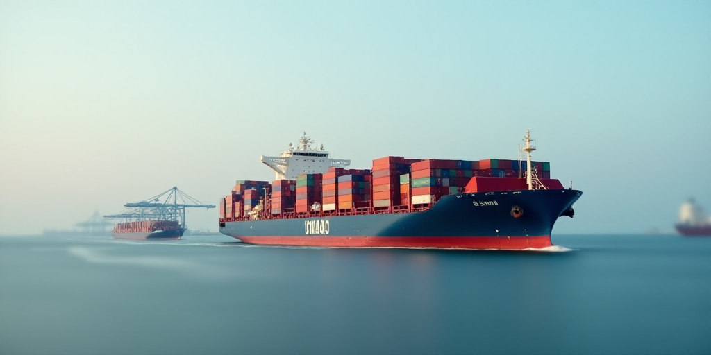 a large container ship loaded with colorful containers in the ocean with a crane in the background a