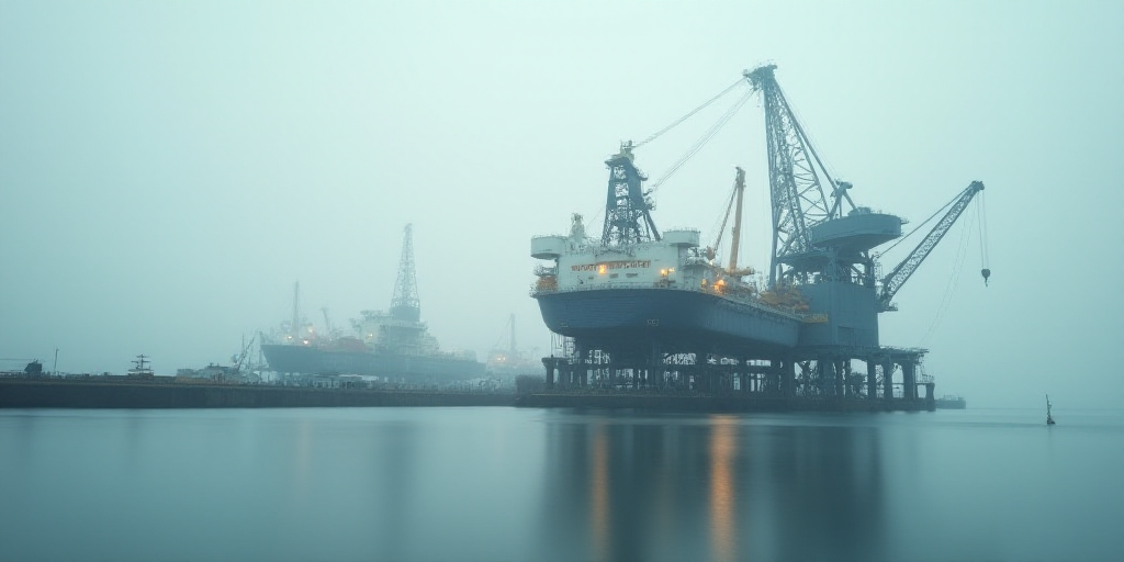 a large crane is in the middle of the water near a large structure that is connected to a crane, Aqu