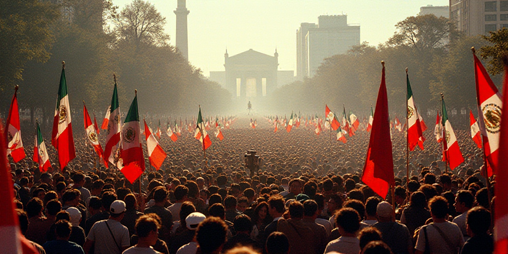 a large crowd of people are gathered together at a political rally in mexico city, where flags are f