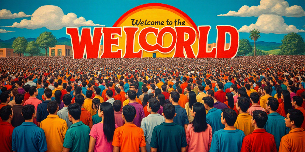 a large crowd of people are gathered together for a celebration with a sign that says we are welcome