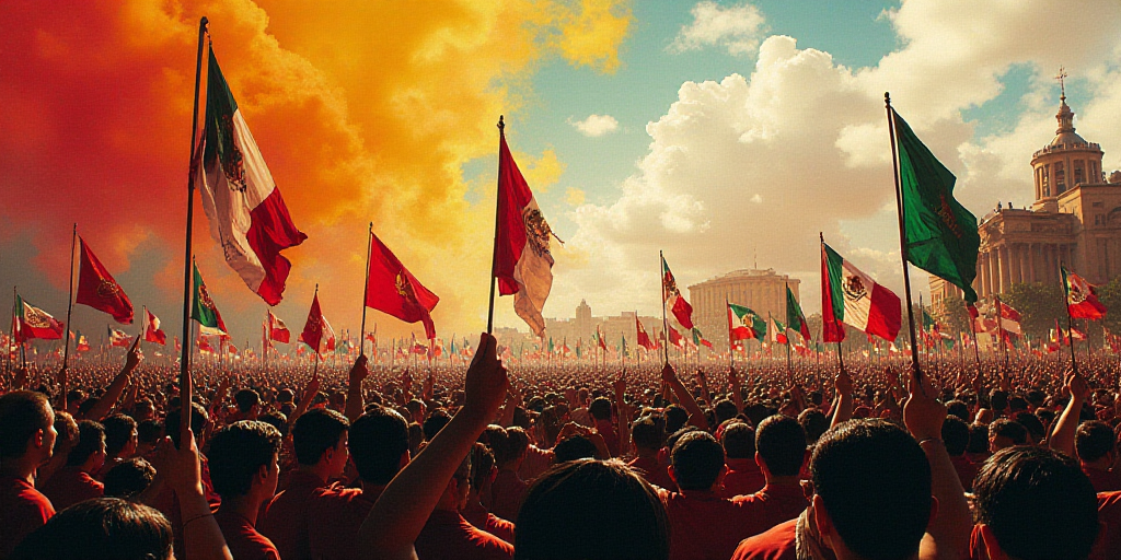 a large crowd of people are gathered together at a political rally in mexico, with flags flying in t