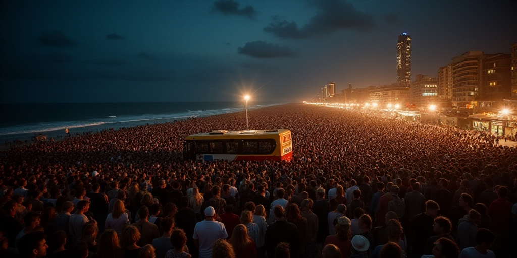 a large crowd of people gathered at a beach at night time, with a bus in the middle of the crowd, Ca