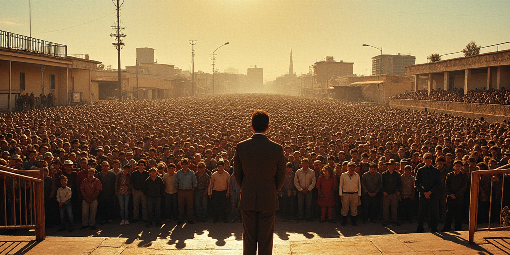 a large crowd of people standing in front of a fenced area with a man standing in front of a crowd,