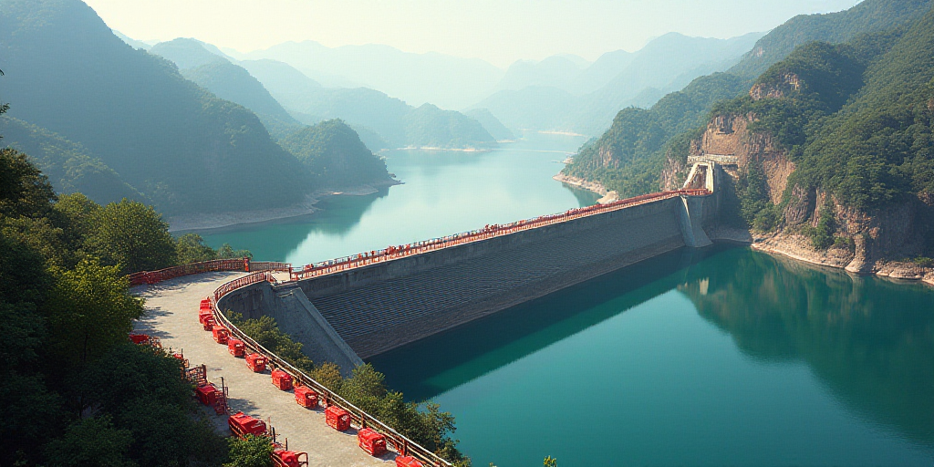 a large dam with a bunch of red chairs on it's sides and a body of water in the background, Cui Bai,