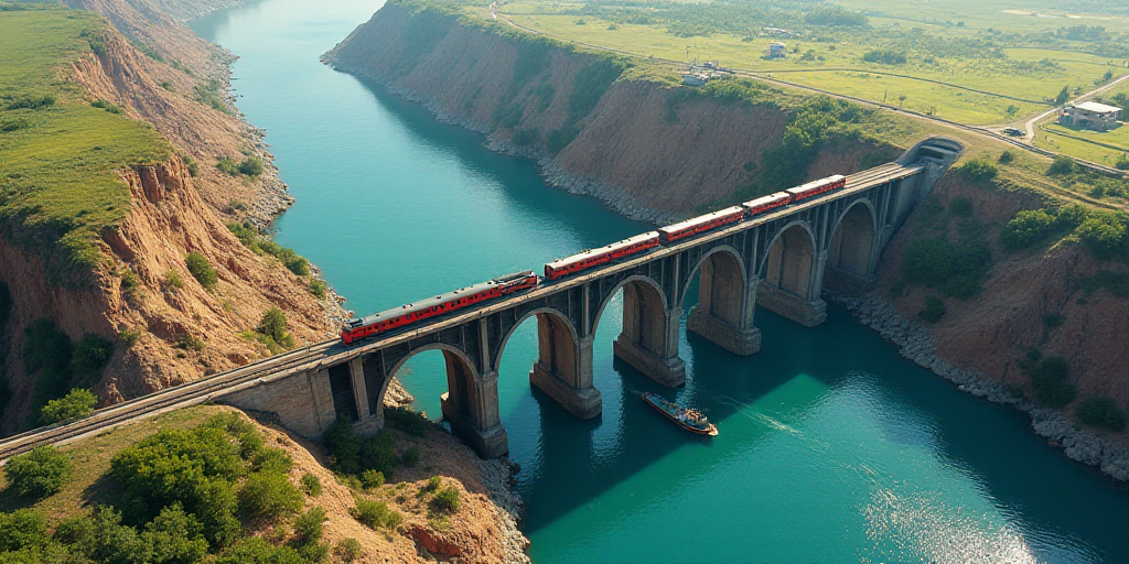 a large dam with a river running through it and a bridge in the middle of it with a train on it, Afe