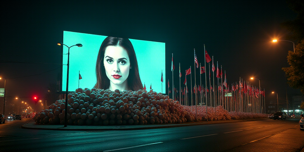 a large display of balloons and flags on a street corner at night with a woman's face on a billboard