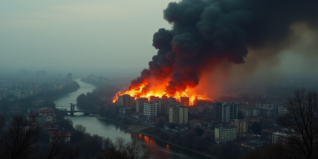 a large fire is burning in a city area with many buildings and a river running through it, and a lar