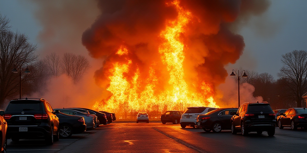 a large fire is burning in a parking lot near a parking lot with cars and trees in the background, A