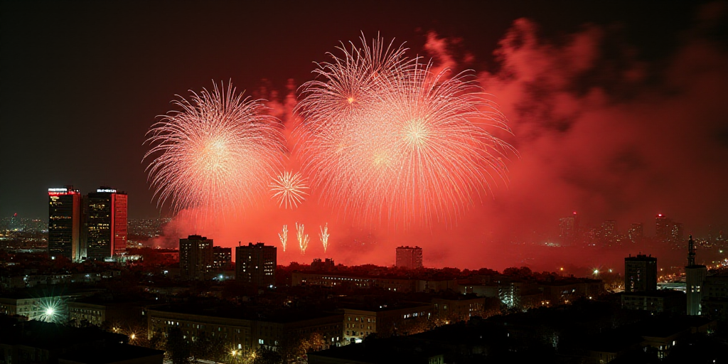 a large fireworks display in the sky over a city at night time with a lot of lights on it, David Alf