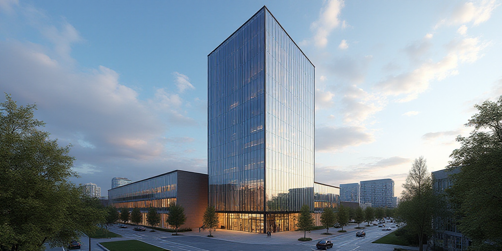 a large glass building with a sky background and trees in the foreground and a city in the backgroun