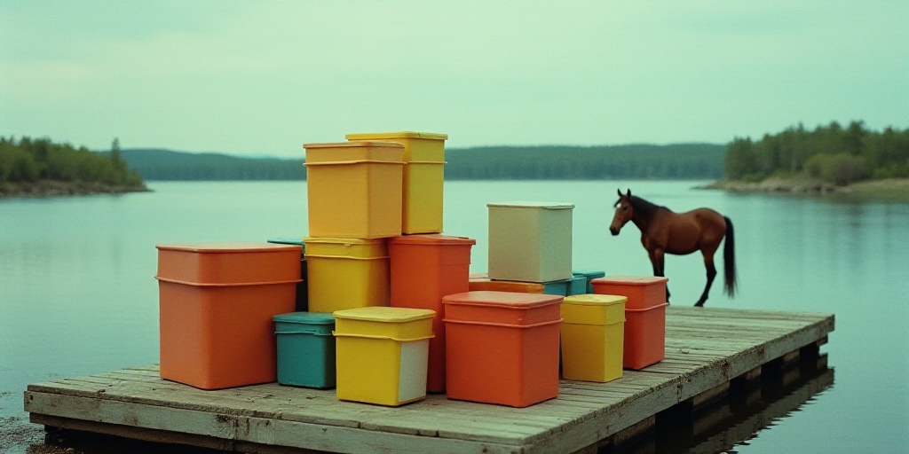 a large group of colorful boxes sitting on top of a dock next to a body of water with a horse, Aquir