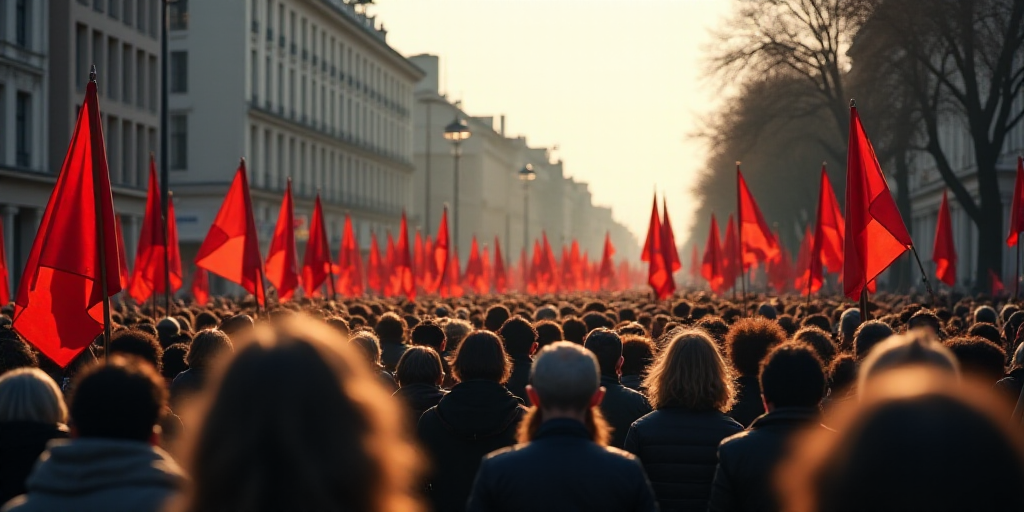 a large group of people are marching down the street in a protest rally in a city with tall building