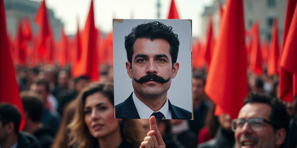 a large group of people holding flags and a poster of a man with a mustache and a mustache on his mo