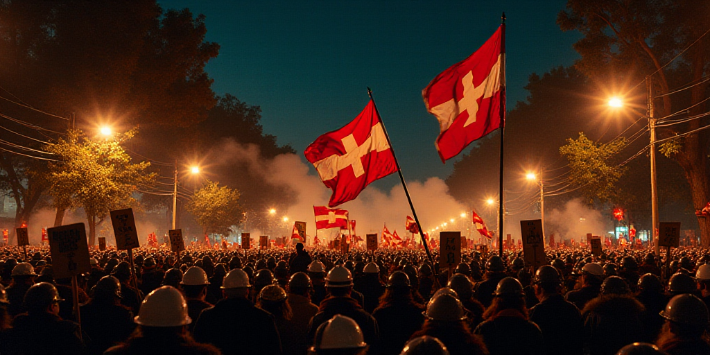 a large group of people holding signs and flags in a street at night time with people wearing hard h