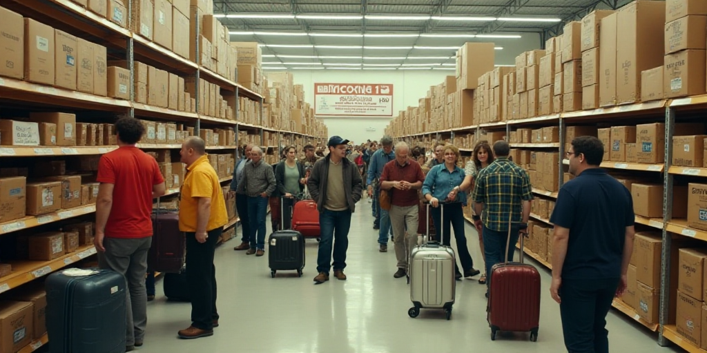 a large group of people in a store with lots of boxes and signs on them and a lot of people with lug