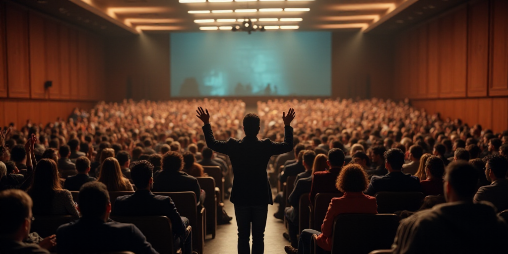a large group of people sitting in a lecture hall with their hands up in the air and a speaker in th