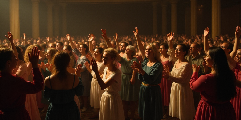 a large group of people sitting in a room with their hands up in the air and clapping to someone, Ad