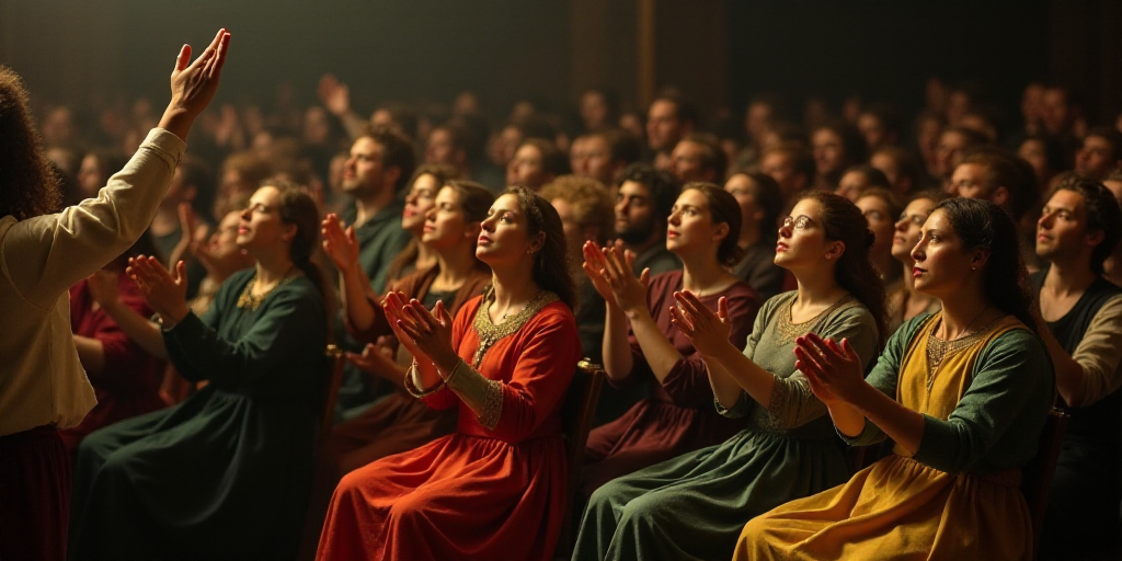 a large group of people sitting in a room with their hands up in the air and clapping to someone, Ad